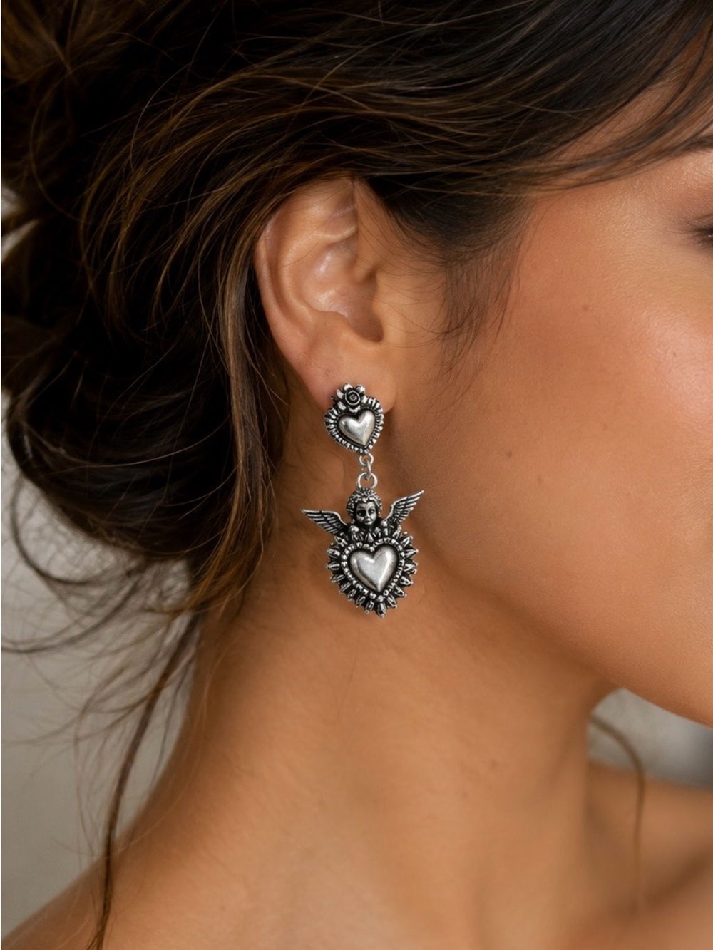 Sterling Silver Heart Wing Angel Drop Earrings - Women Jewelry